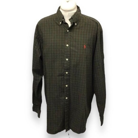 Ralph Lauren Mens Classic Fit Plaid Button-Down Shirt L 100% Cotton Green/Brown - Picture 1 of 8